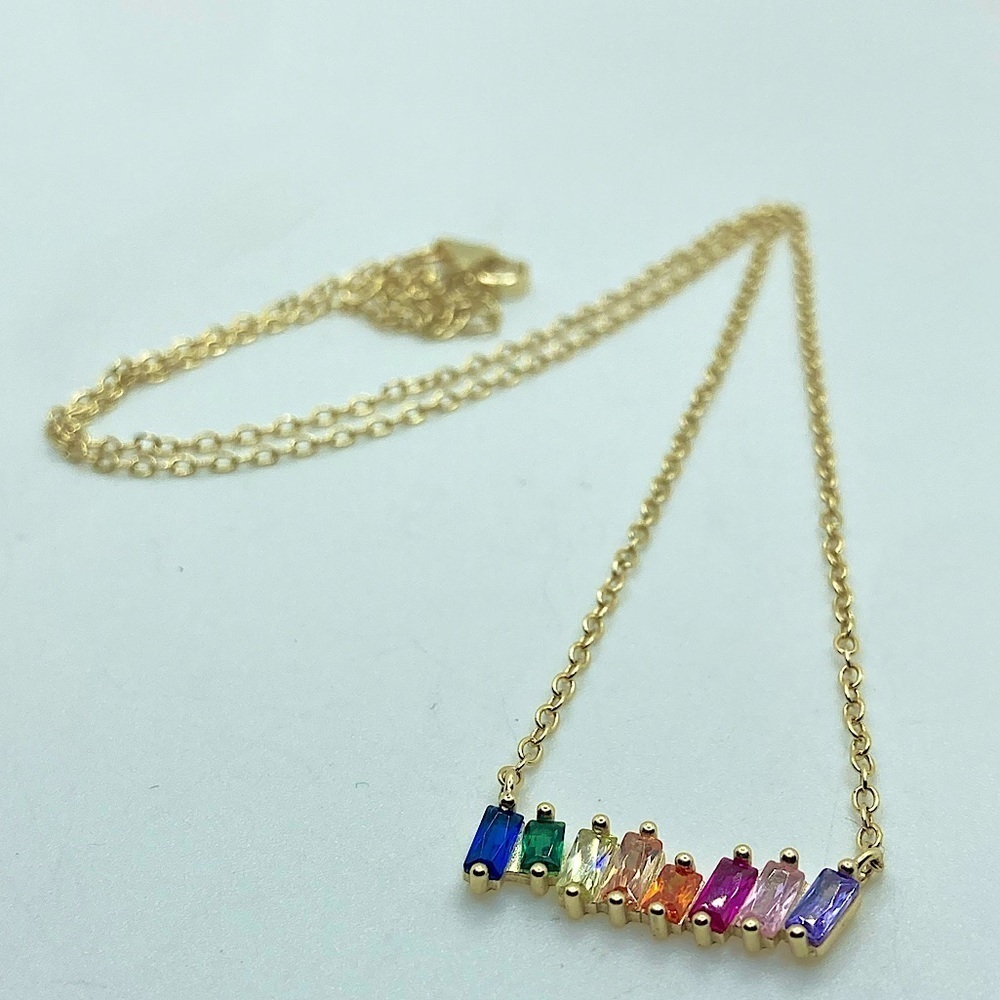 Sterling Silver Gold Plated Rainbow Cz Stone Bar Pendant Necklace Approx 16”